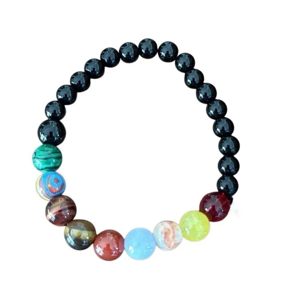 Chakra Energy Bracelet – Glossy Black Glass & Rainbow Gemstones, Stretch Fit